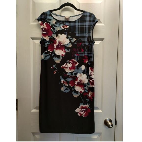 Chico's Size Medium (1) Black Blue Plaid Floral Sleeveless Boat Neck Shift Dress - Picture 1 of 5